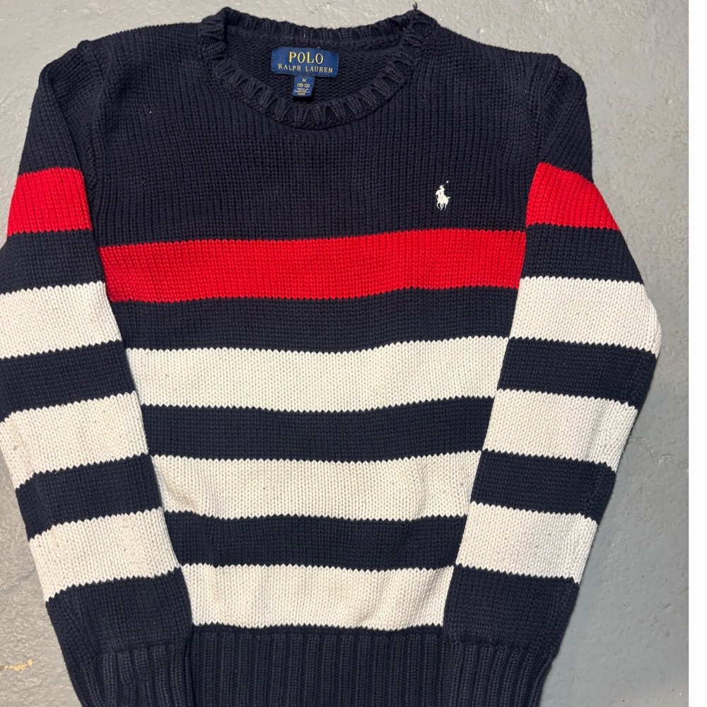Polo Ralph Lauren Boys‎ SM 6/8 Navy Blue Red White Striped Cotton Knit Sweater
